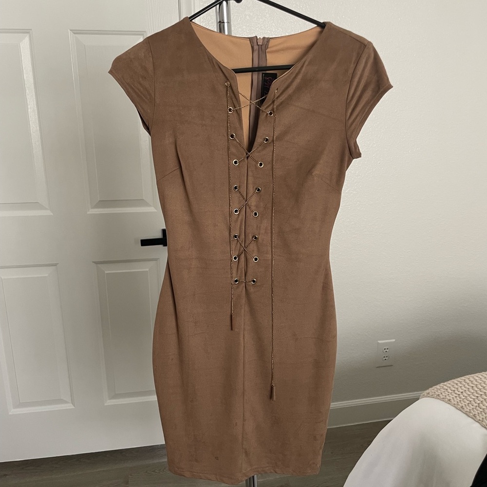 Hot Miami Styles Tan Lace-Up Mini Dress